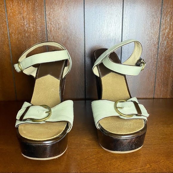 Michael Kors Leather Platform Wood Block Heel with Gold Logo Size 8M - Picture 5 of 10